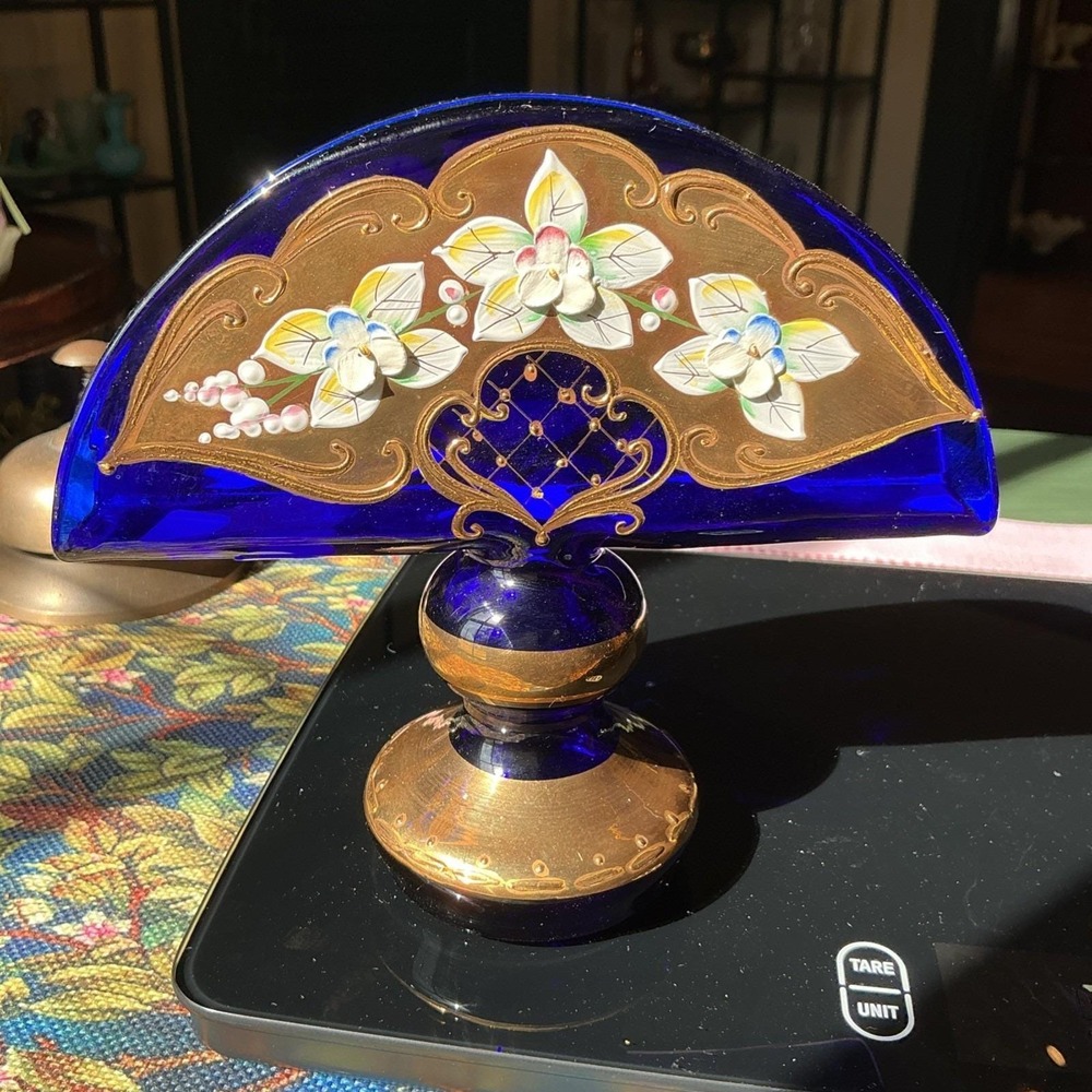 Czech Bohemian 24K Gold Enamel Cobalt Blue‎ Art Glass Napkin Holder Pedestal